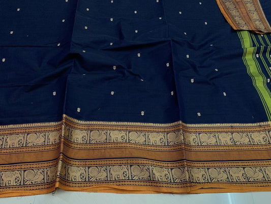 Sangita (संगीता) Vintage Chettinad Kanchi Cotton Sarees with elephant peacock dual border and woven buttas with running blouse piece SAN04
