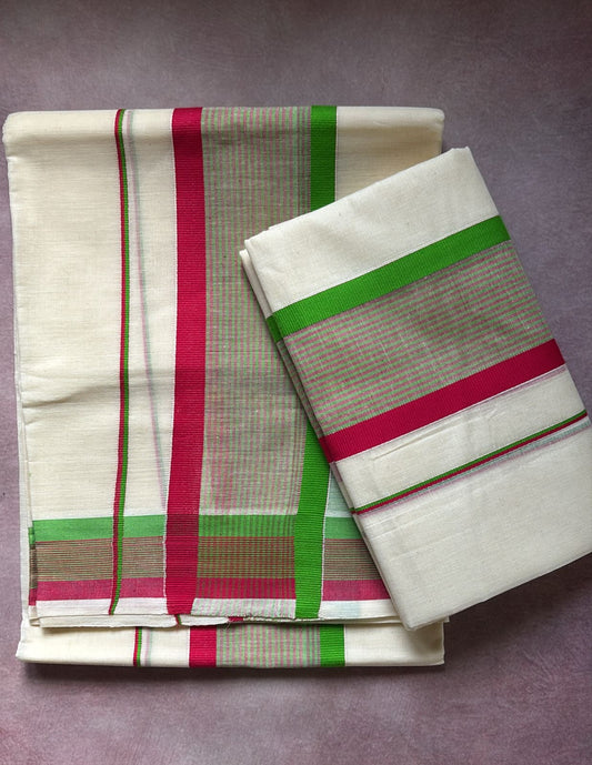 Kattikara pure cotton single set Mundu green and pink