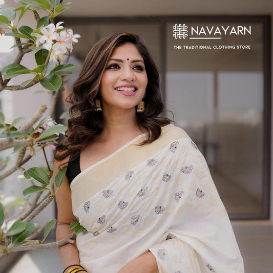 Mul flower embroidered Kerala Cotton saree