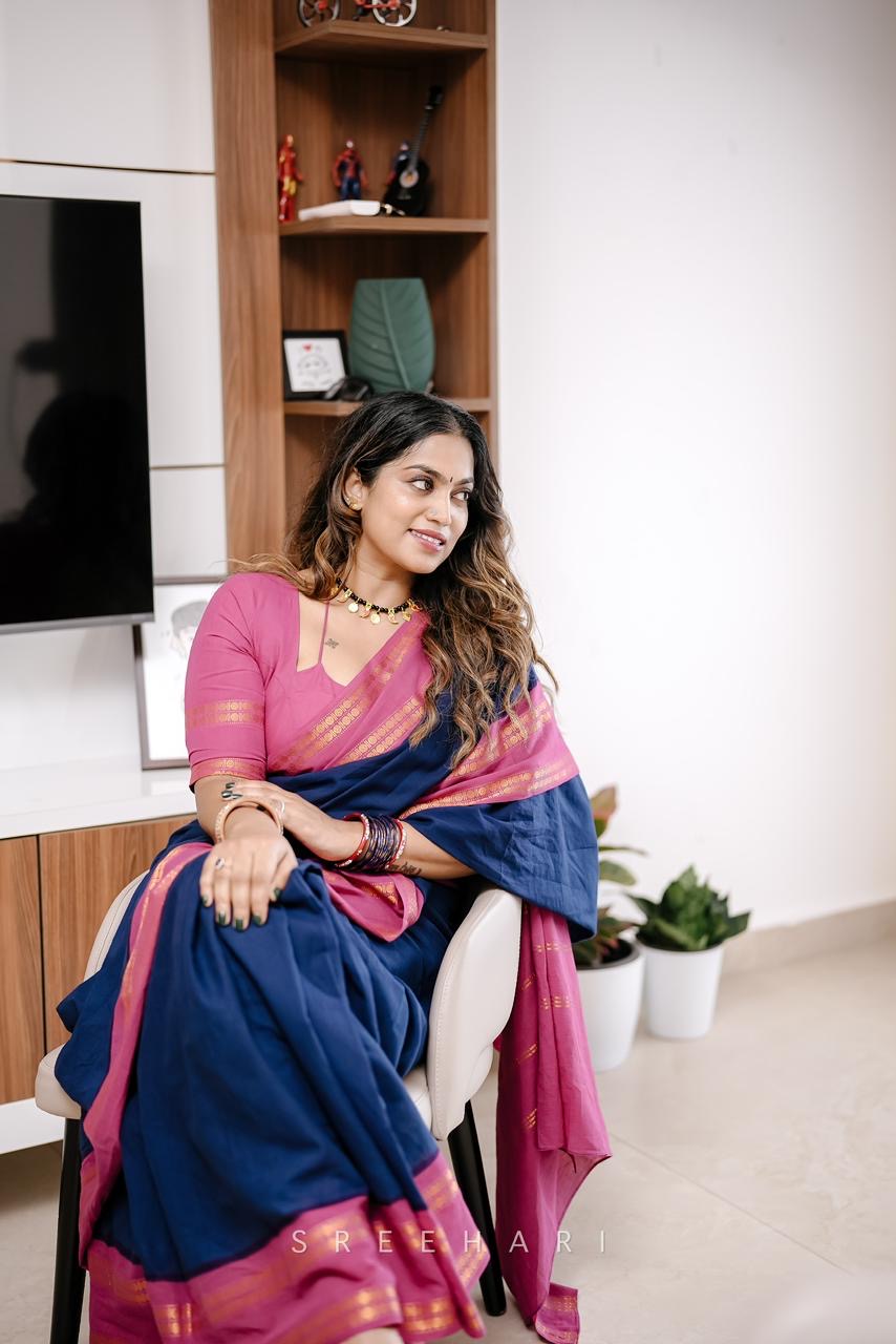 Tarangini vintage Navy blue and majenta Rudraksha border sungudi saree Rajila’s choice