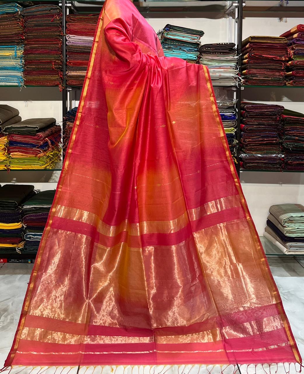 Maheshwari handloom Silk cotton buti line shaded Pallu Saree