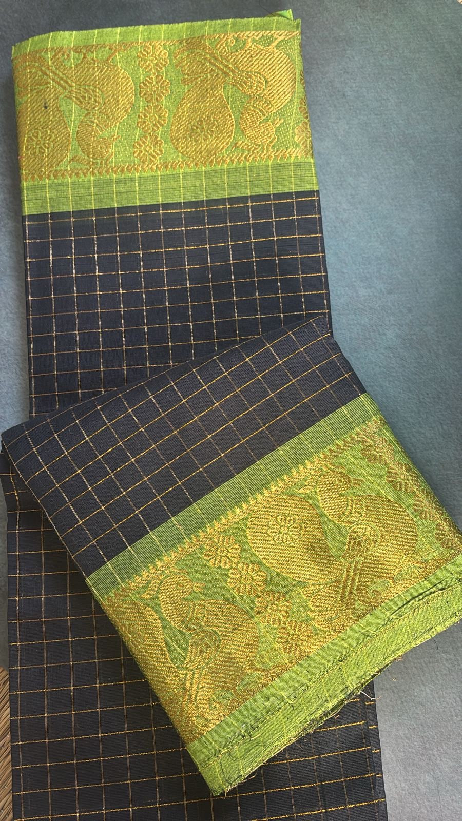 Sungudi zari check cotton sarees without blouse black n green