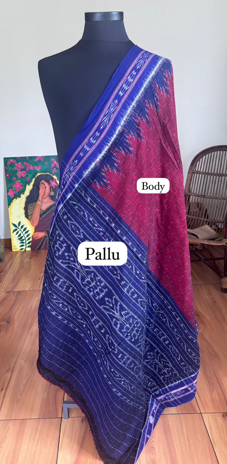 Odisha Sambalpuri handloom cotton Saree maroon and navy blue