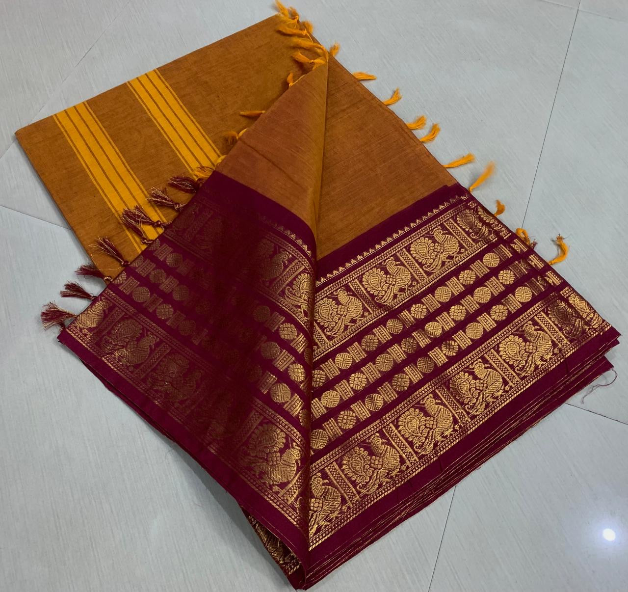Vintage Maroon Kanchi border Chettinad Cotton Saree