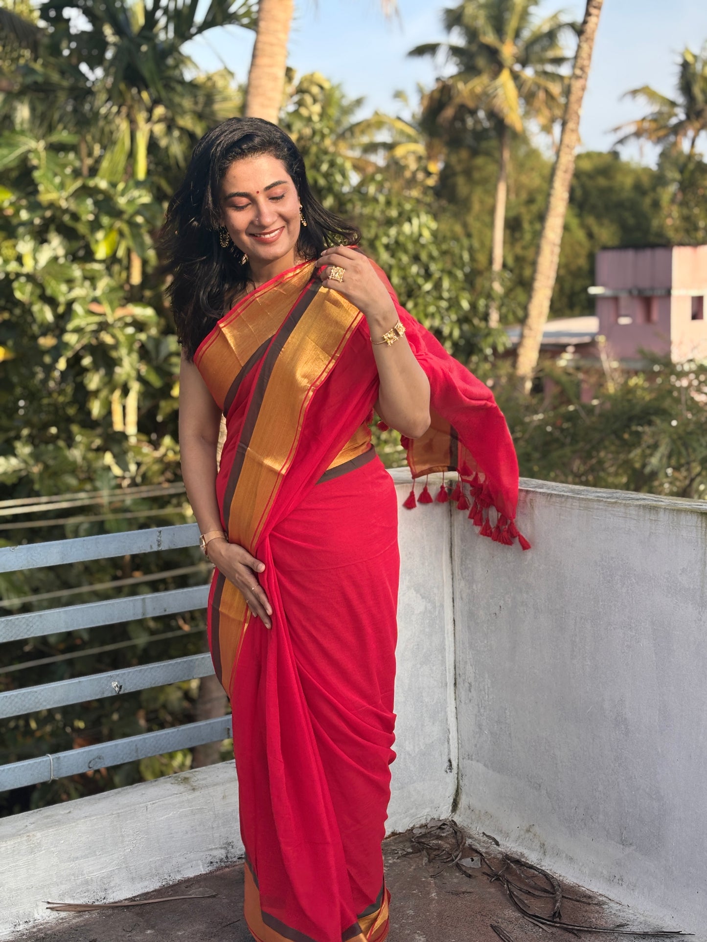 Festive red with green border handloom mal saree