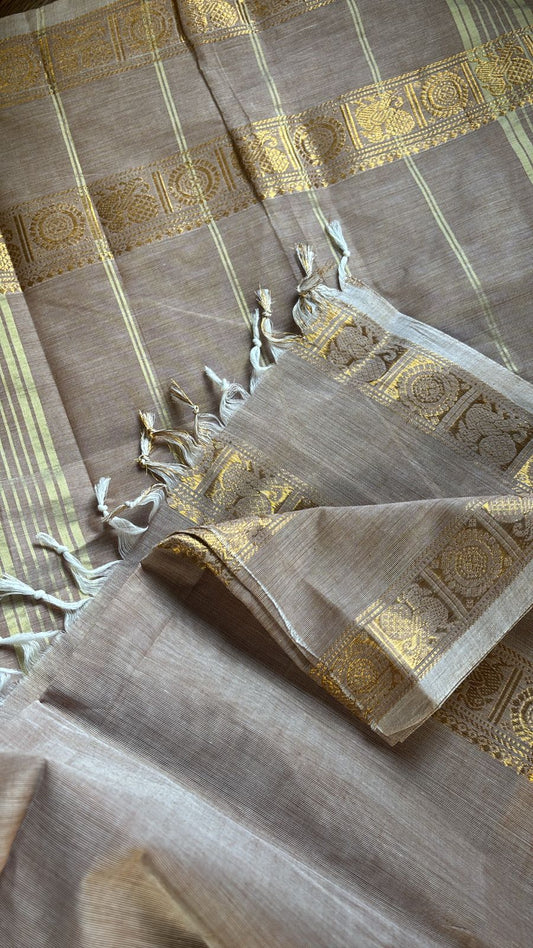 Chettinad Beige Brown Kanchi Cotton Saree