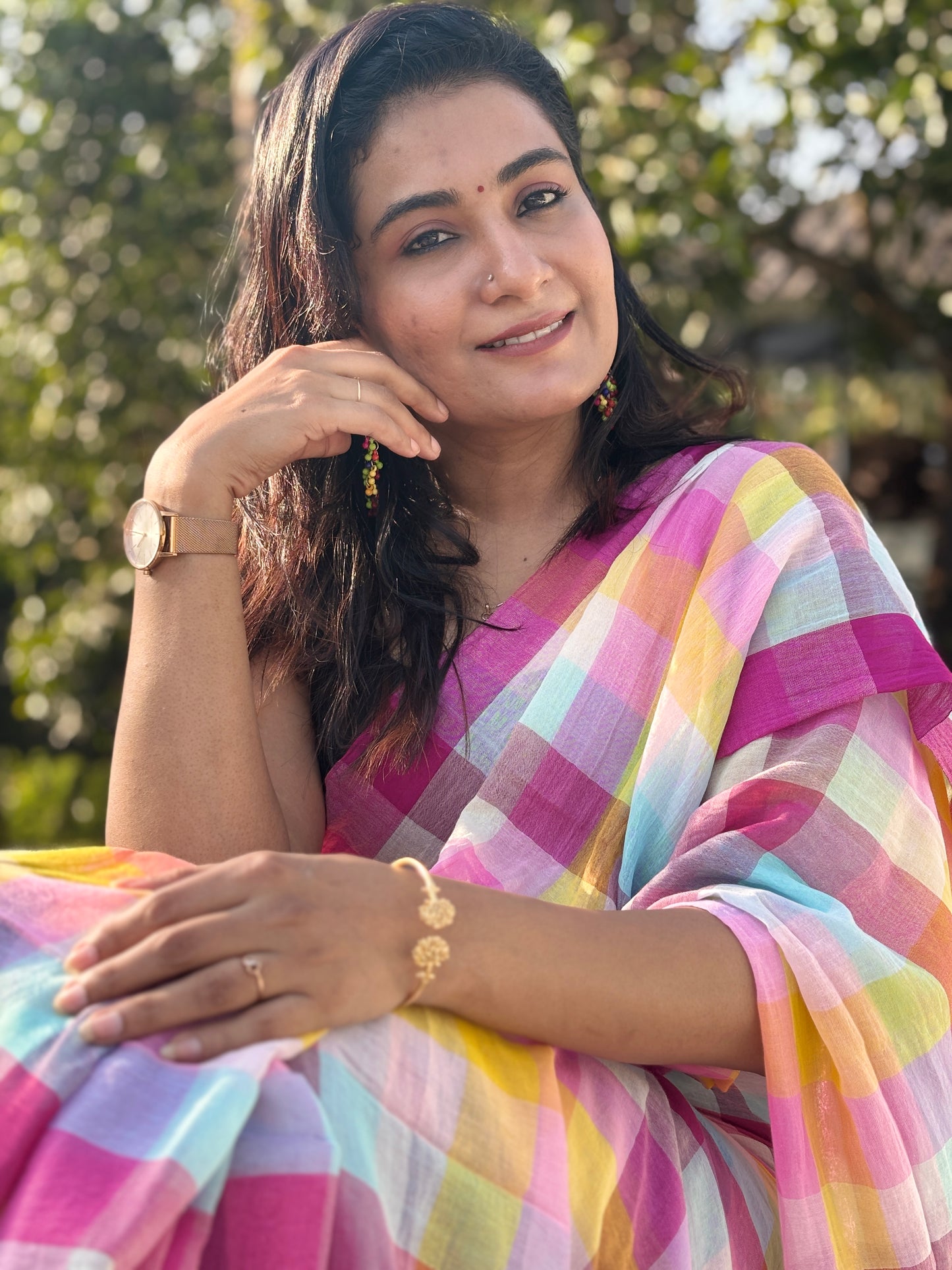 Handloom checked Multi colour mal cotton Saree
