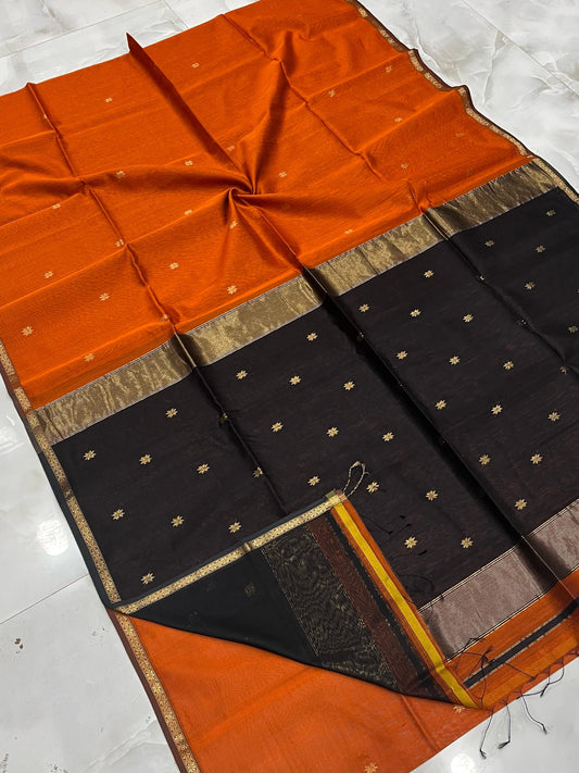 Kalyanika Maheshwari silk saree rust orange black combo
