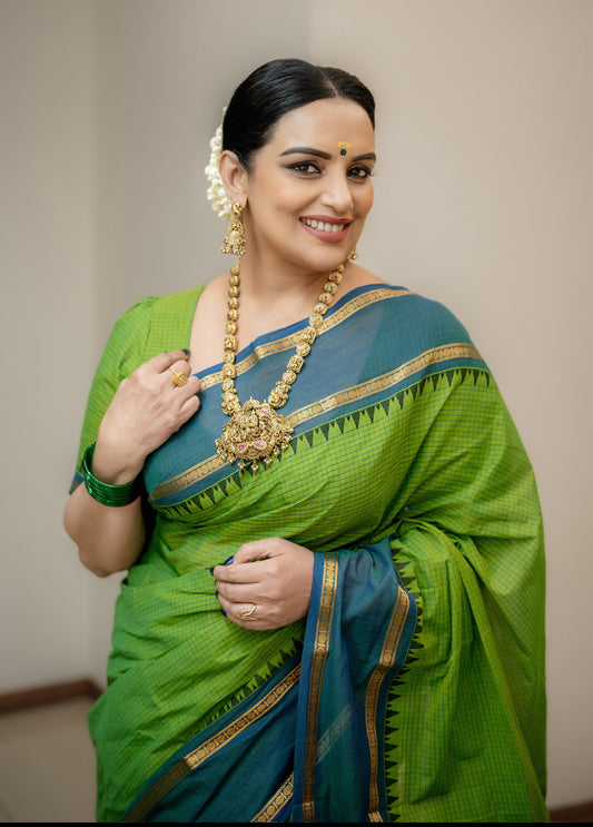 Sangita vintage korvai checks parrot green saree with contrast border Shwetha Menon’s choice