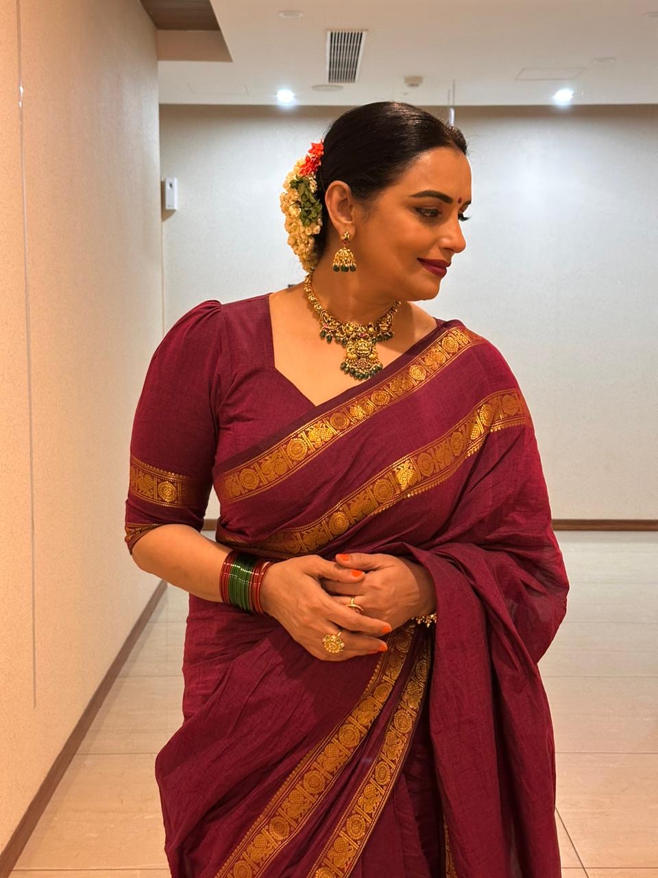 Vintage Chettinad Cotton saree with blouse Majenta Shwetha Maam’s Choice