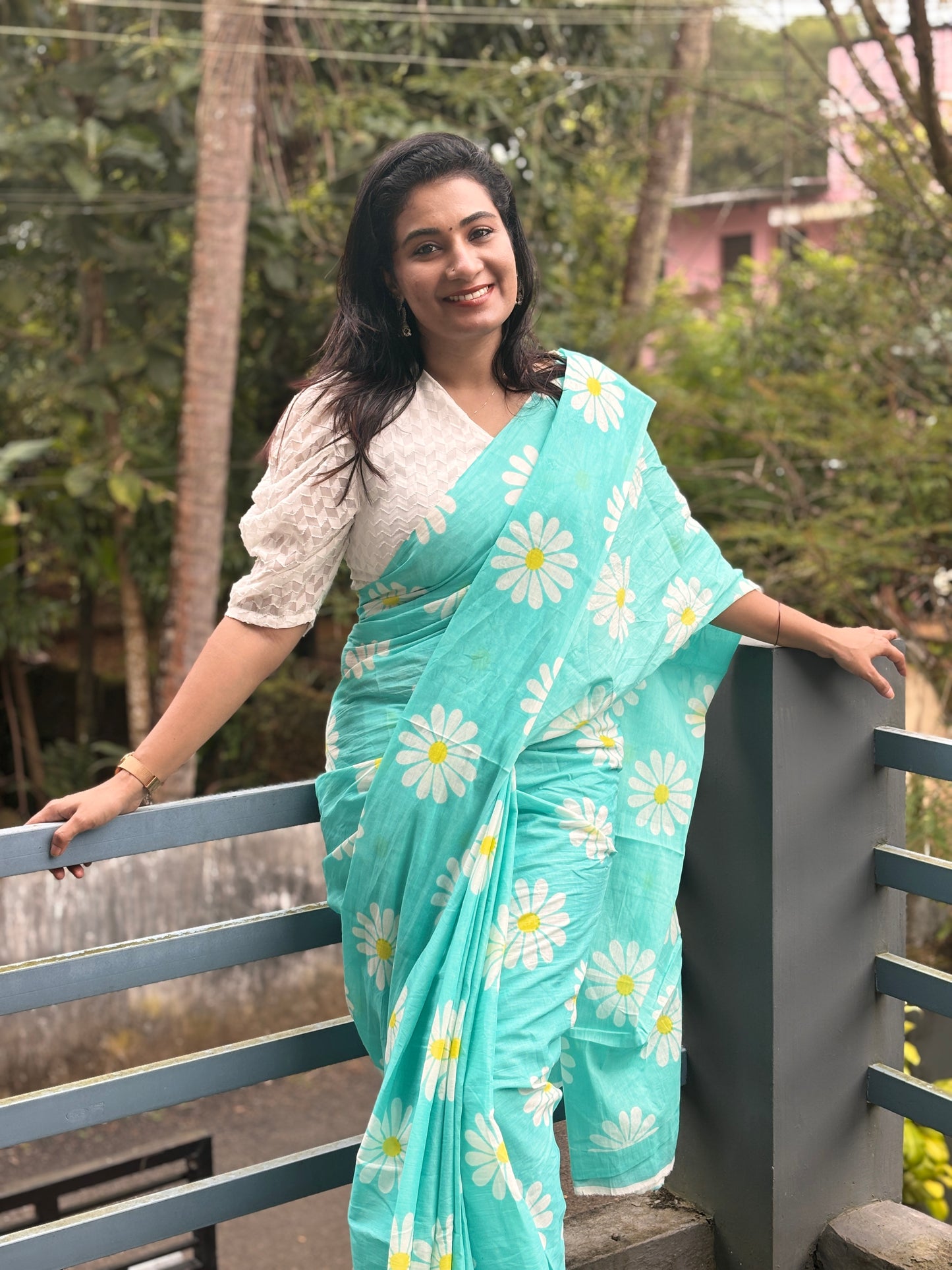 Jaipur Soft cotton flower block print saree
