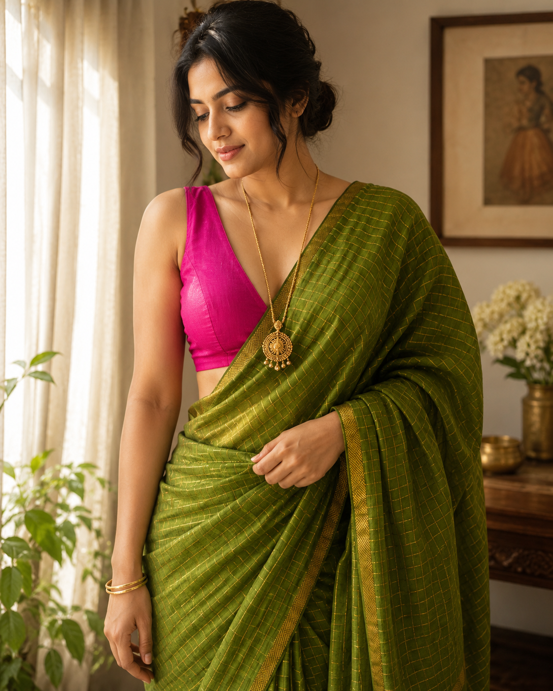 Handloom Sungudi Cotton Pentex border Sarees green with pink vintage combo