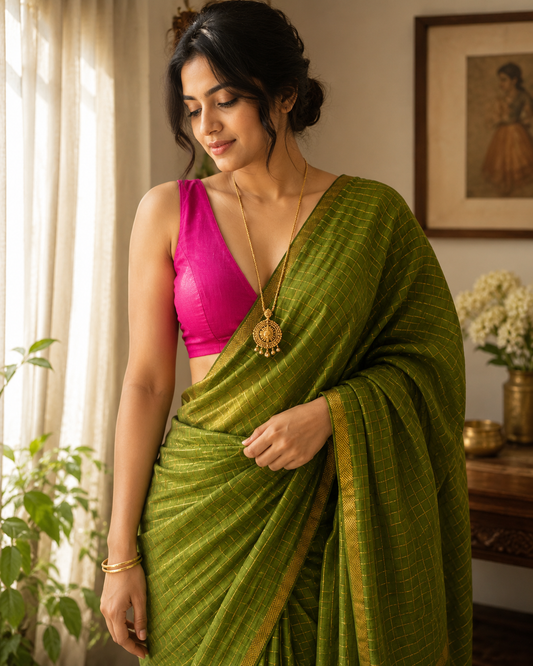 Handloom Sungudi Cotton Pentex border Sarees green with pink vintage combo