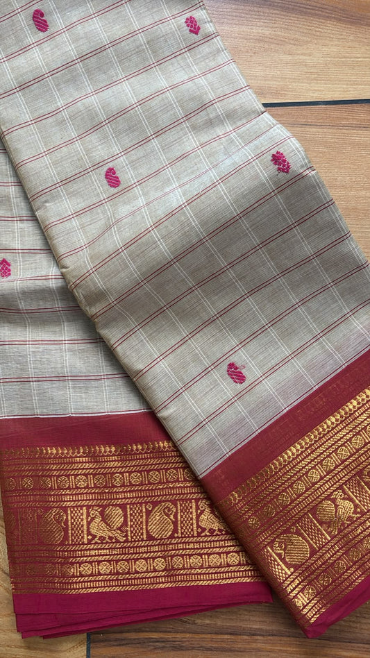 Beige check classic kanchi cotton Saree with red border SGS57