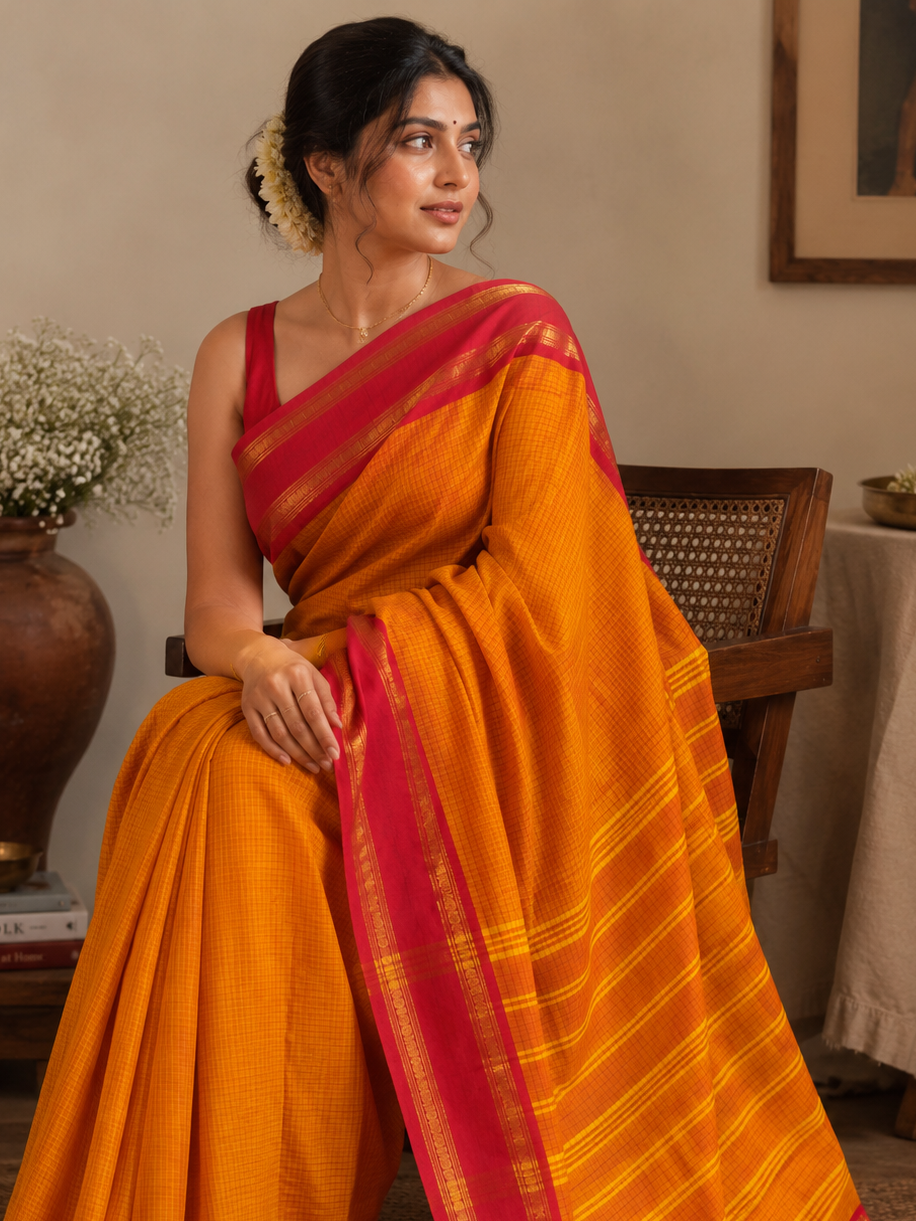 Festive mango yellow red combination micro checks Kanchi cotton Saree