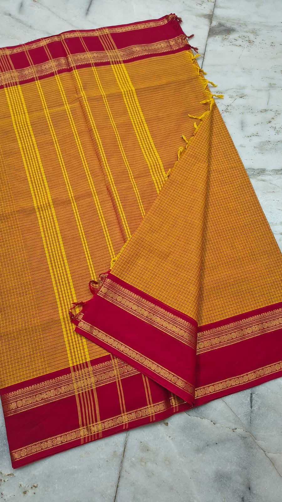Festive mango yellow red combination micro checks Kanchi cotton Saree
