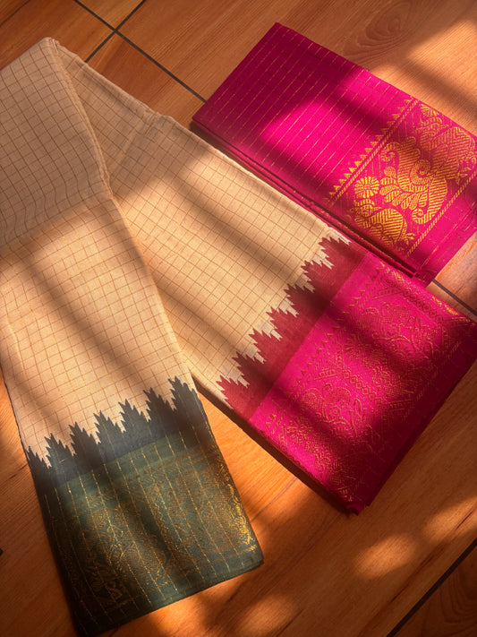 Ganga Jamuna Zari kattam Handloom Cotton Saree pink and green