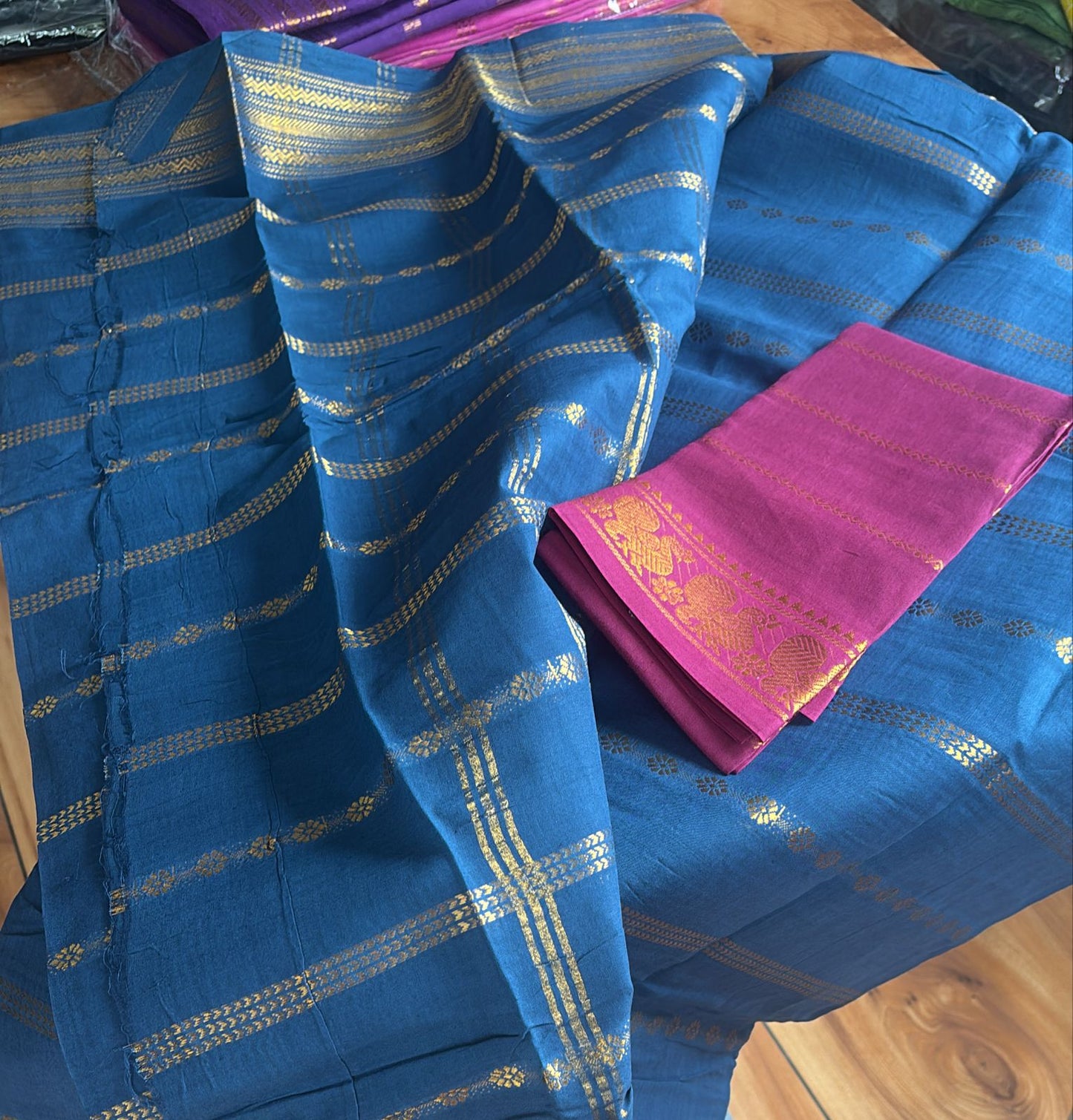 Rudraksha Velthari blue n maroon Sungudi handloom cotton Saree