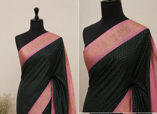 Festive Green and contrast pink border Zari kattam Handloom Cotton Saree