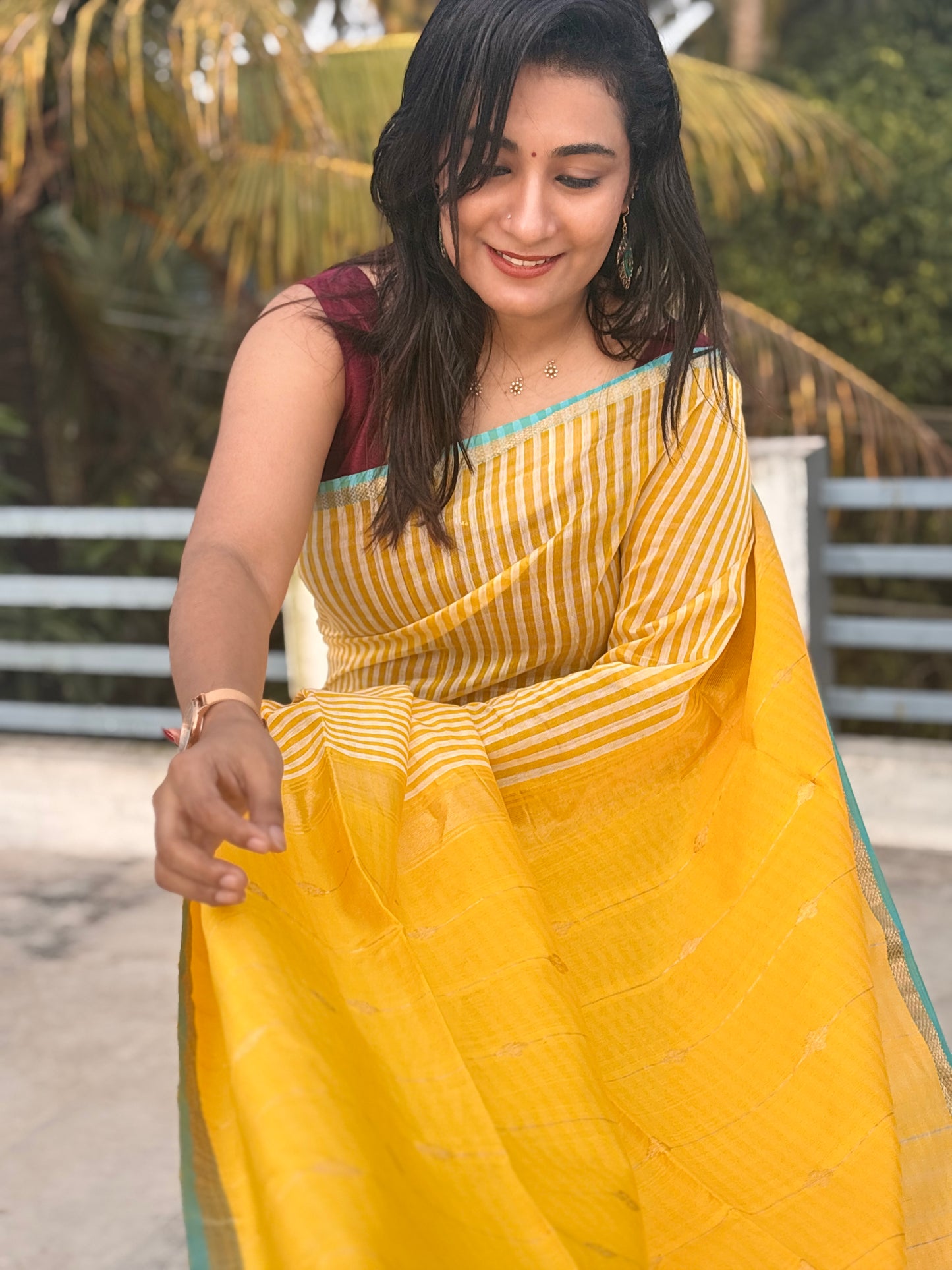 Kalyanika Maheshwari Silk Cotton festive Yellow zari check Sarees