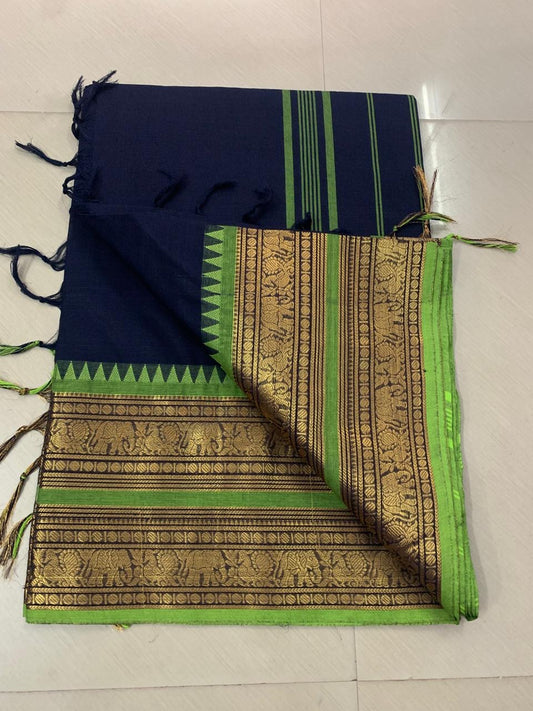 Kanchi chettinad Cotton saree with blouse Navy blue with green temple border