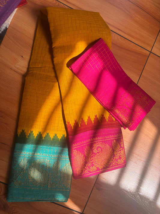 Ganga jamuna Sungudi handloom cotton Saree mustard yellow, pink and Rama green