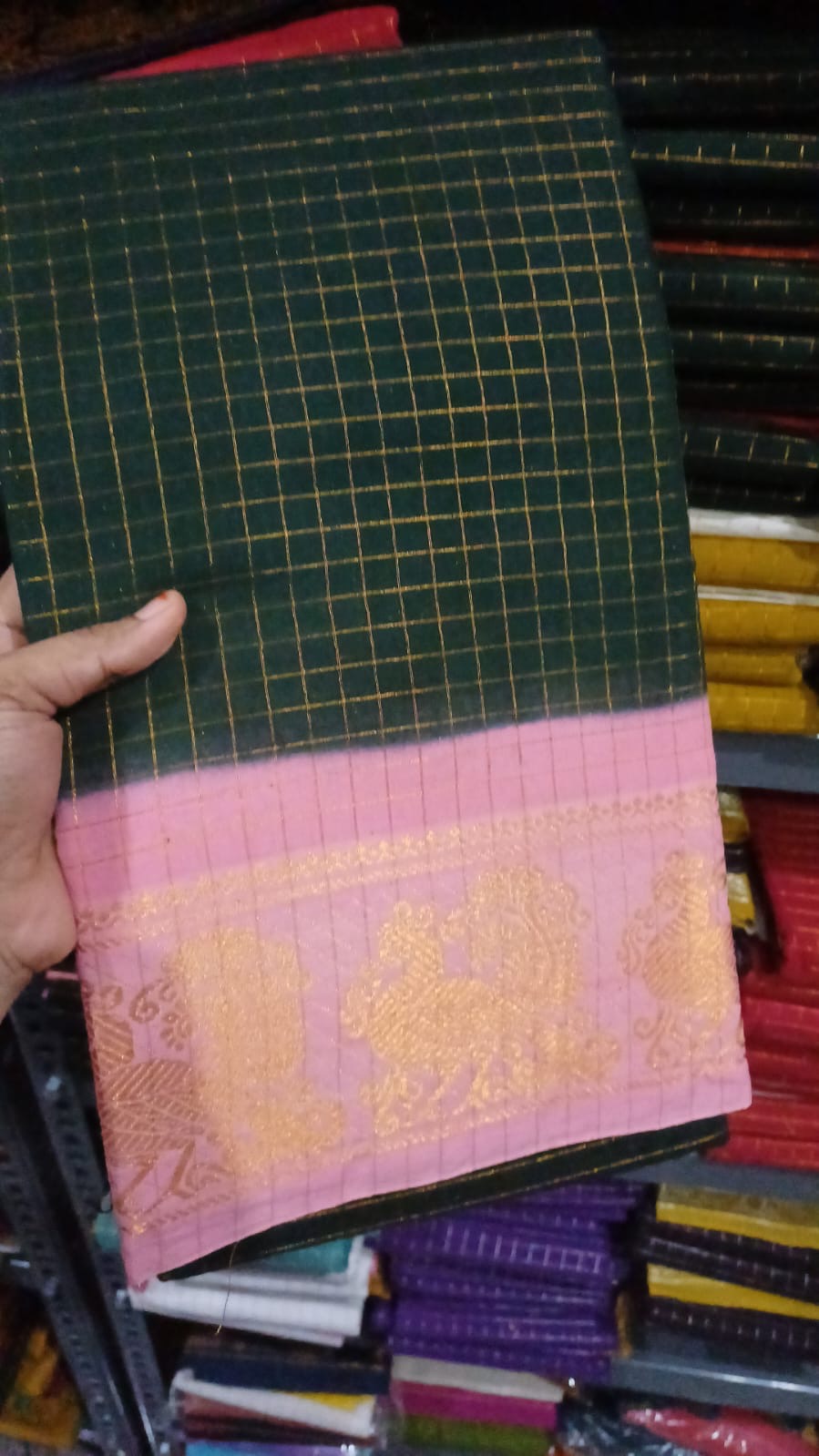 Festive Green and contrast pink border Zari kattam Handloom Cotton Saree