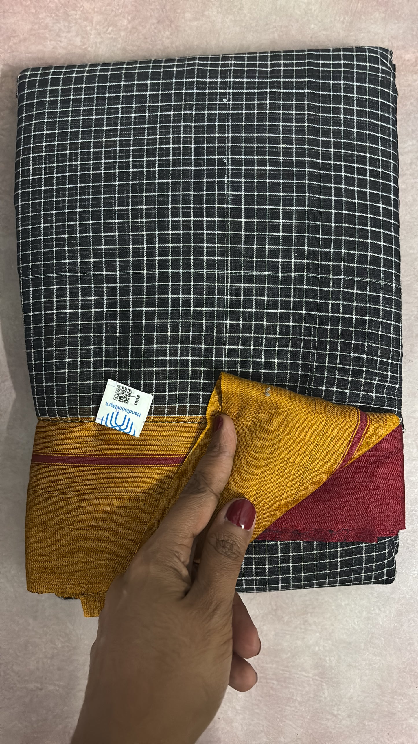 Patteda Aanchu handloom marked Sarees Black checks with orange and maroon border