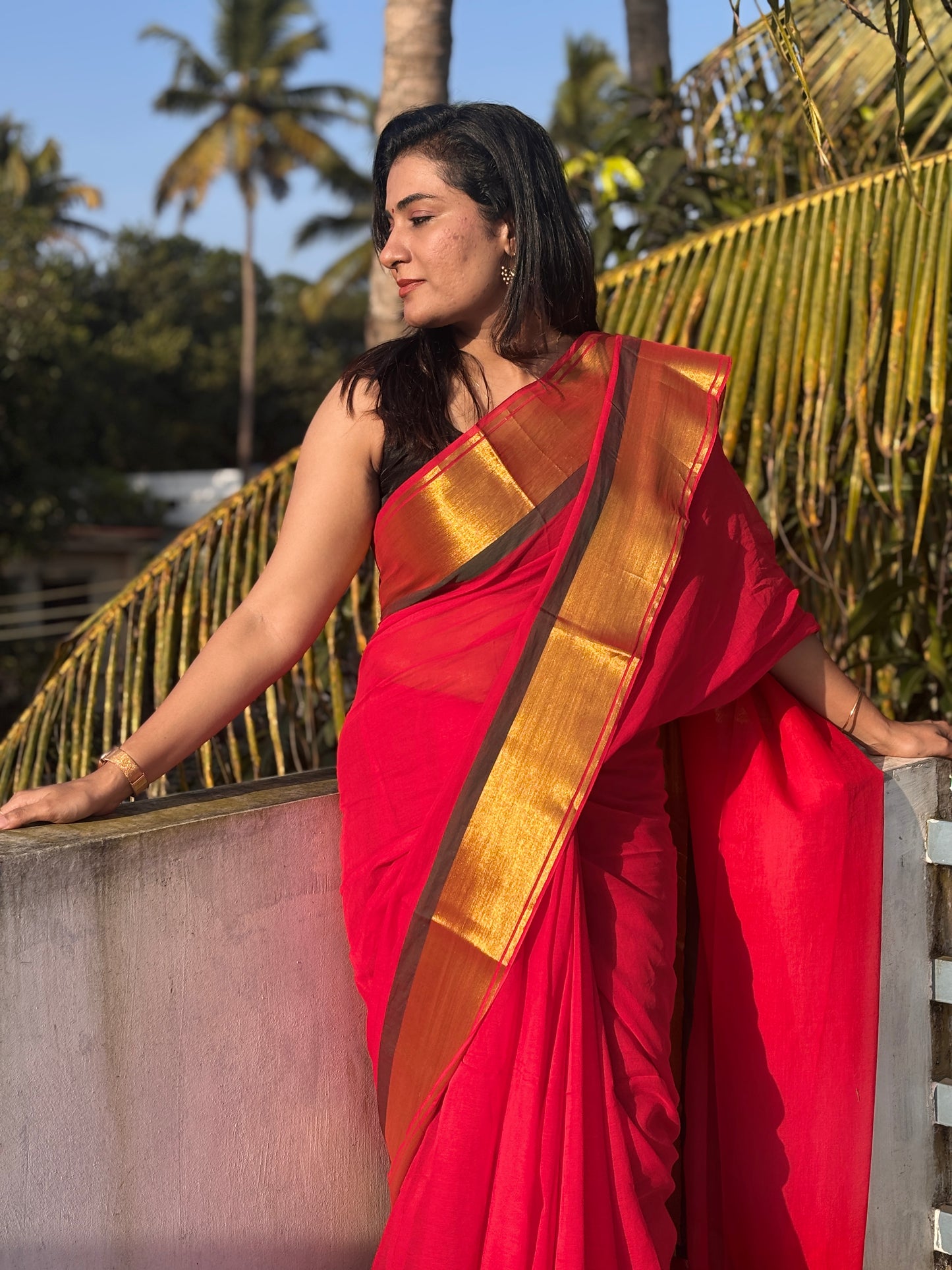 Festive red with green border handloom mal saree