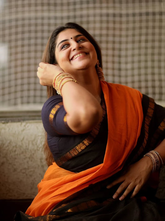 Orange black Peacock retta petta border Sungudi Cotton Saree with blouse