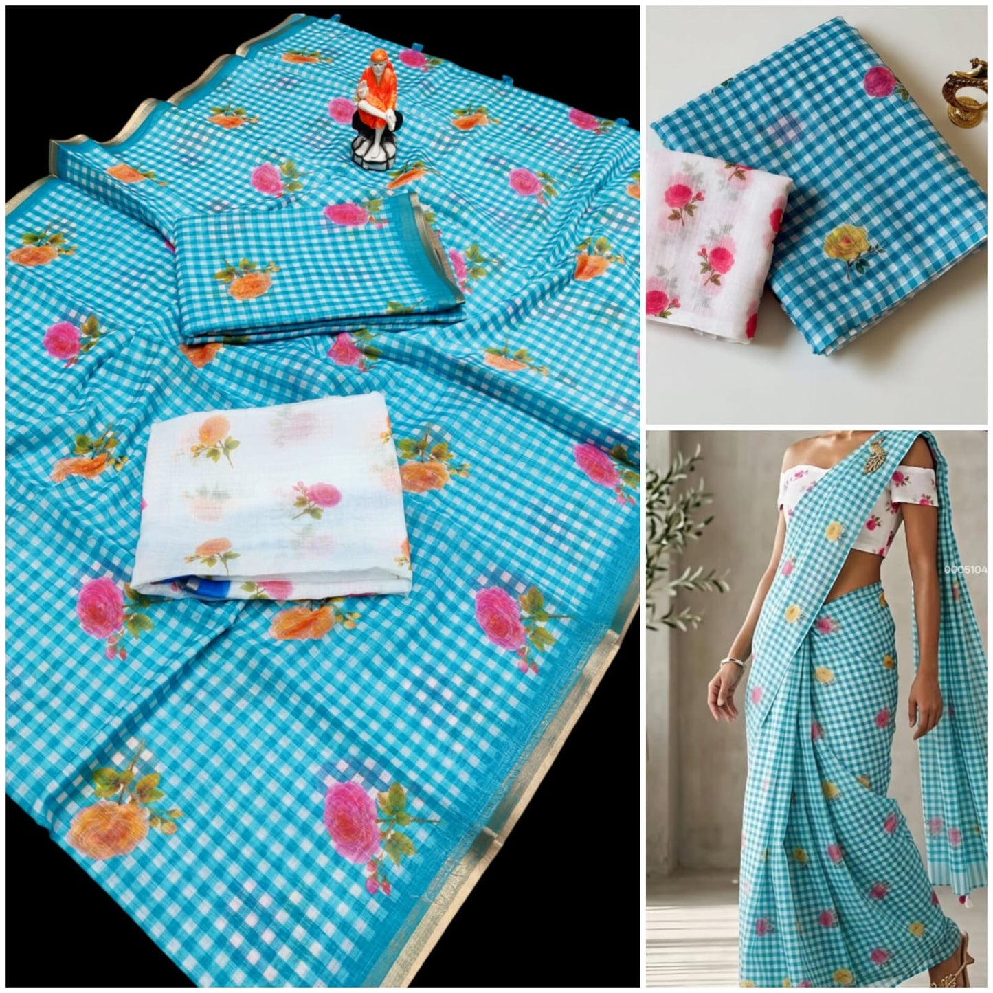 Blue Rose Linen Slub Cotton Sarees
