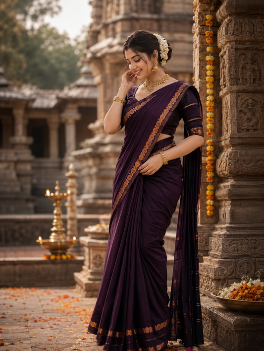 Rudraksha retta petta border brown sungudi handloom cotton saree with blouse