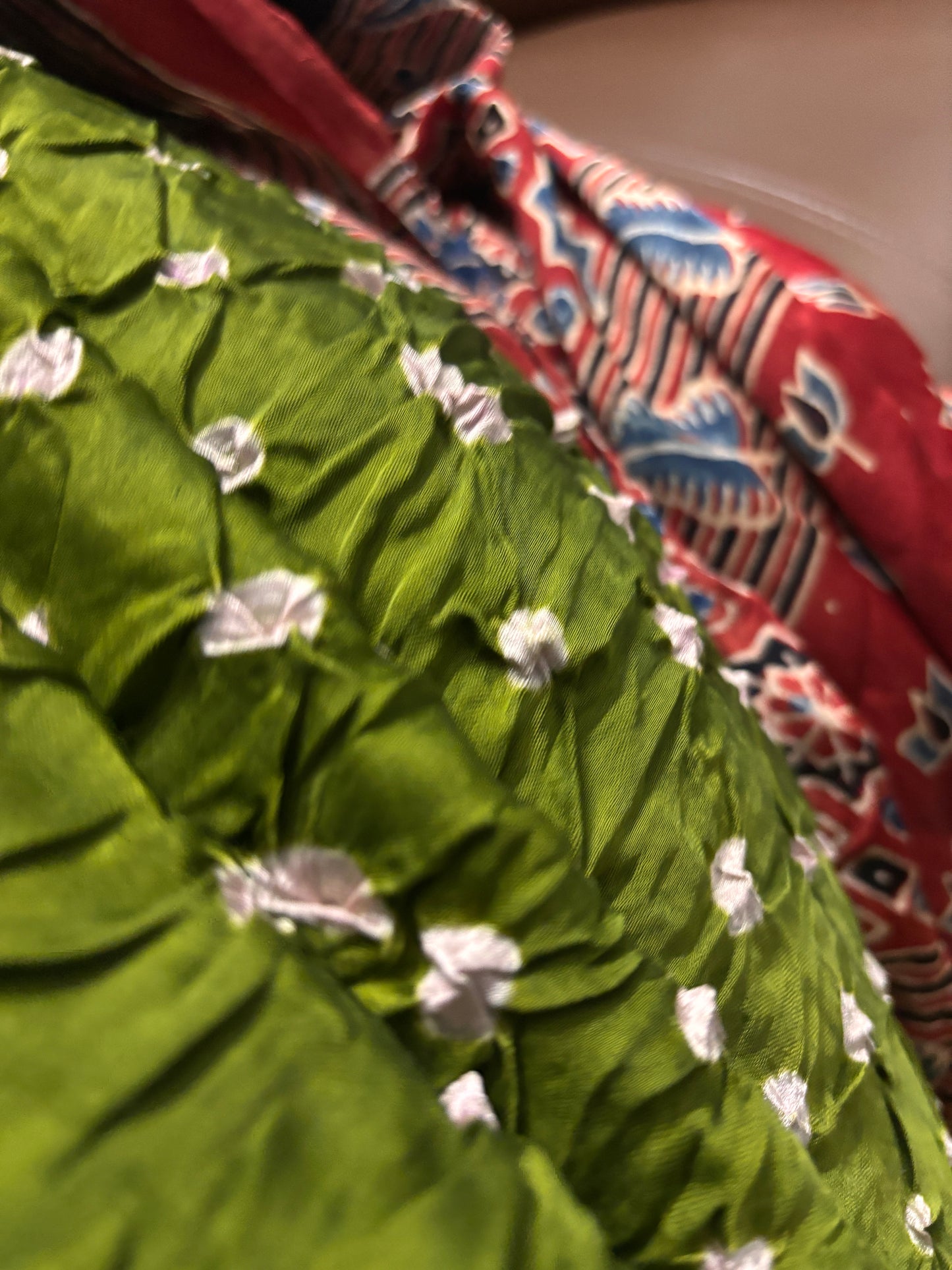 Modal silk Ajrakh block printed Hand Bhandej Sarees Green