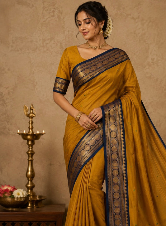 Vintage mustard blue Kanchi cotton Saree