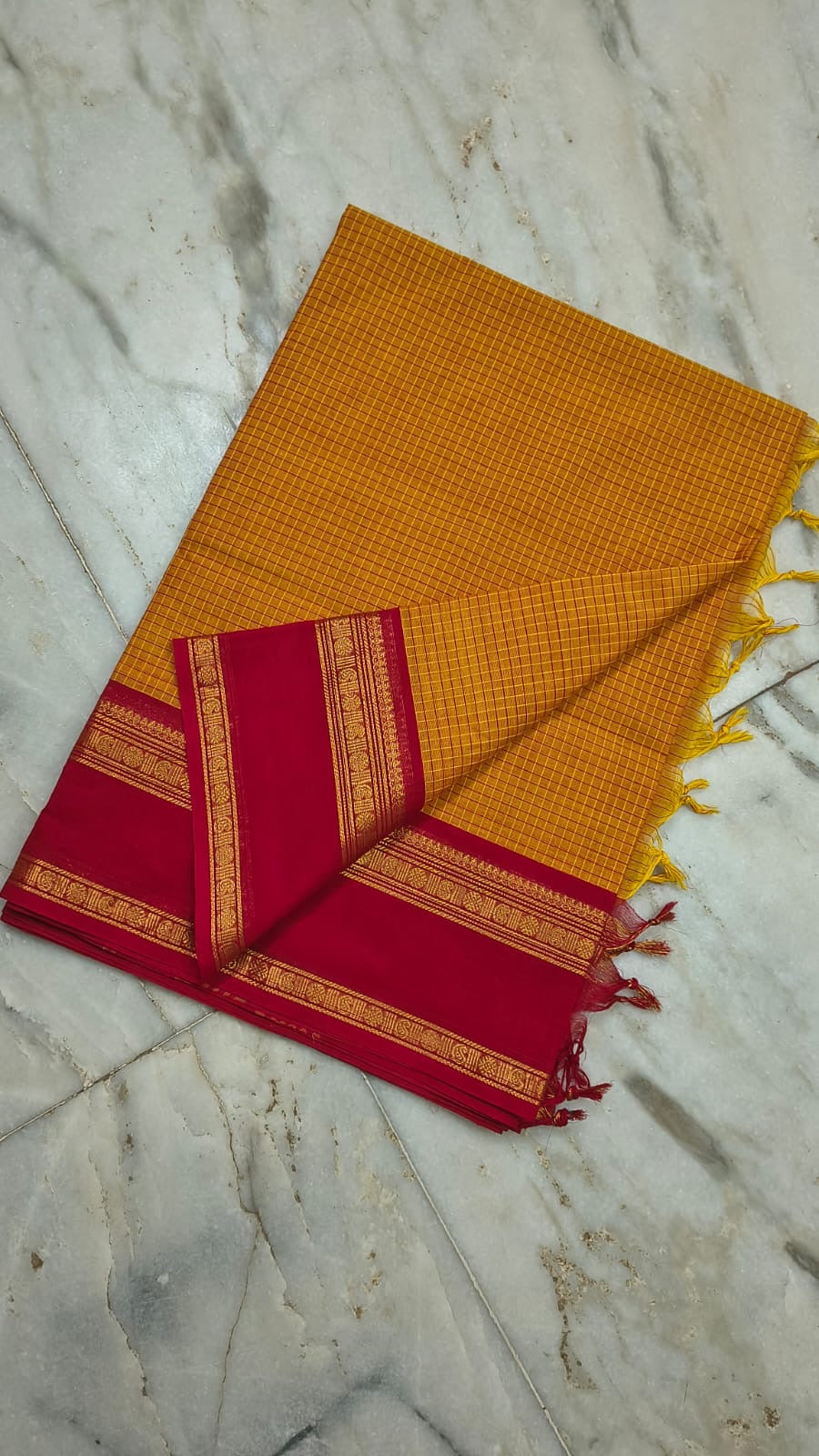 Festive mango yellow red combination micro checks Kanchi cotton Saree