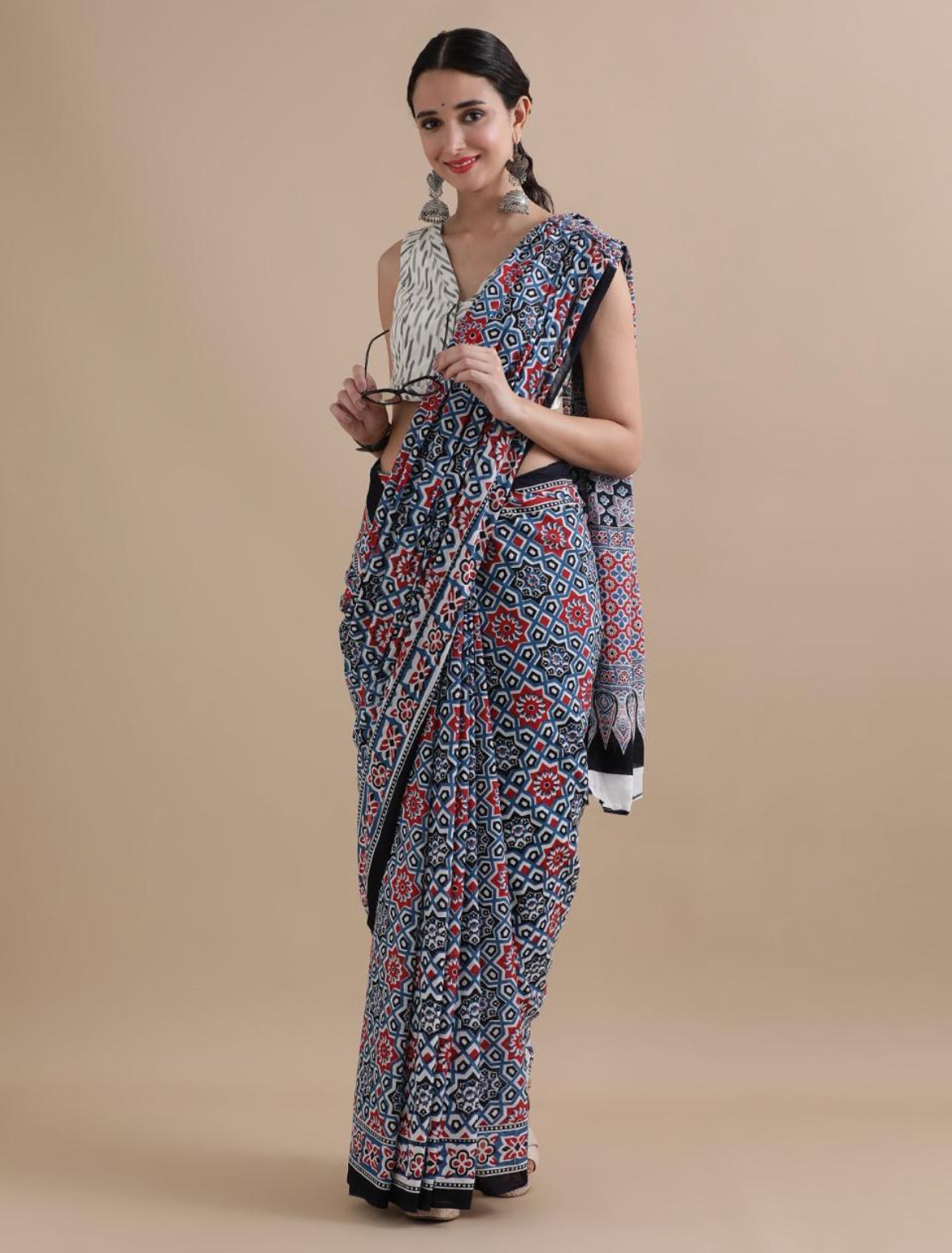 Vasantika (वसन्तिका) Jaipur Hand Block printed Soft Cotton Sarees, Geometric pattern VA05