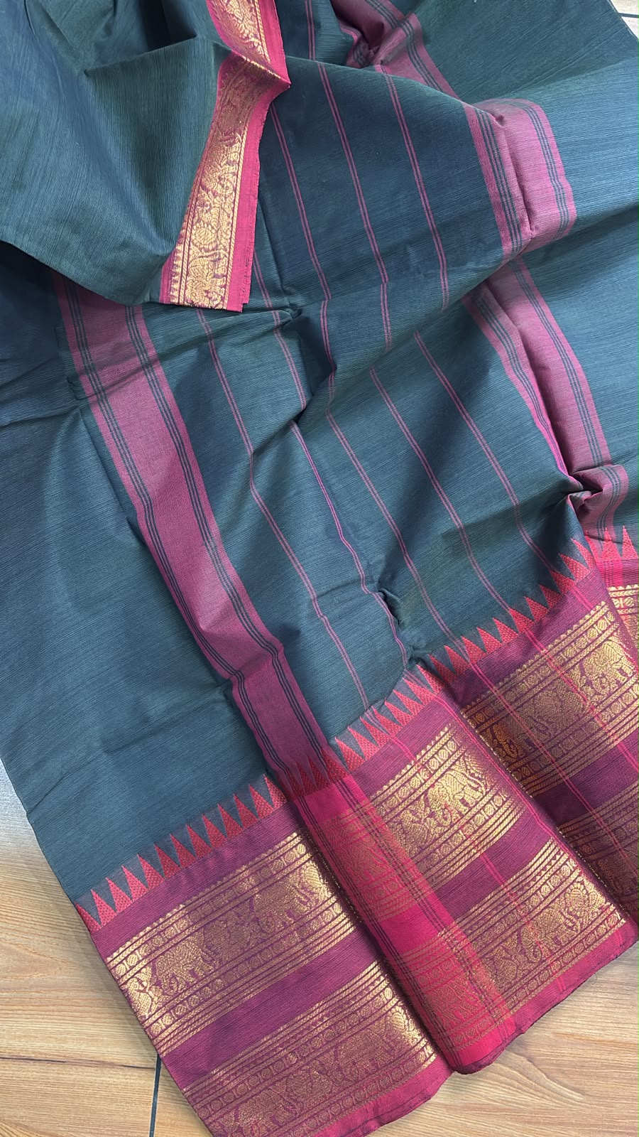Dark green kanchi cotton dual border saree with blouse SGS46