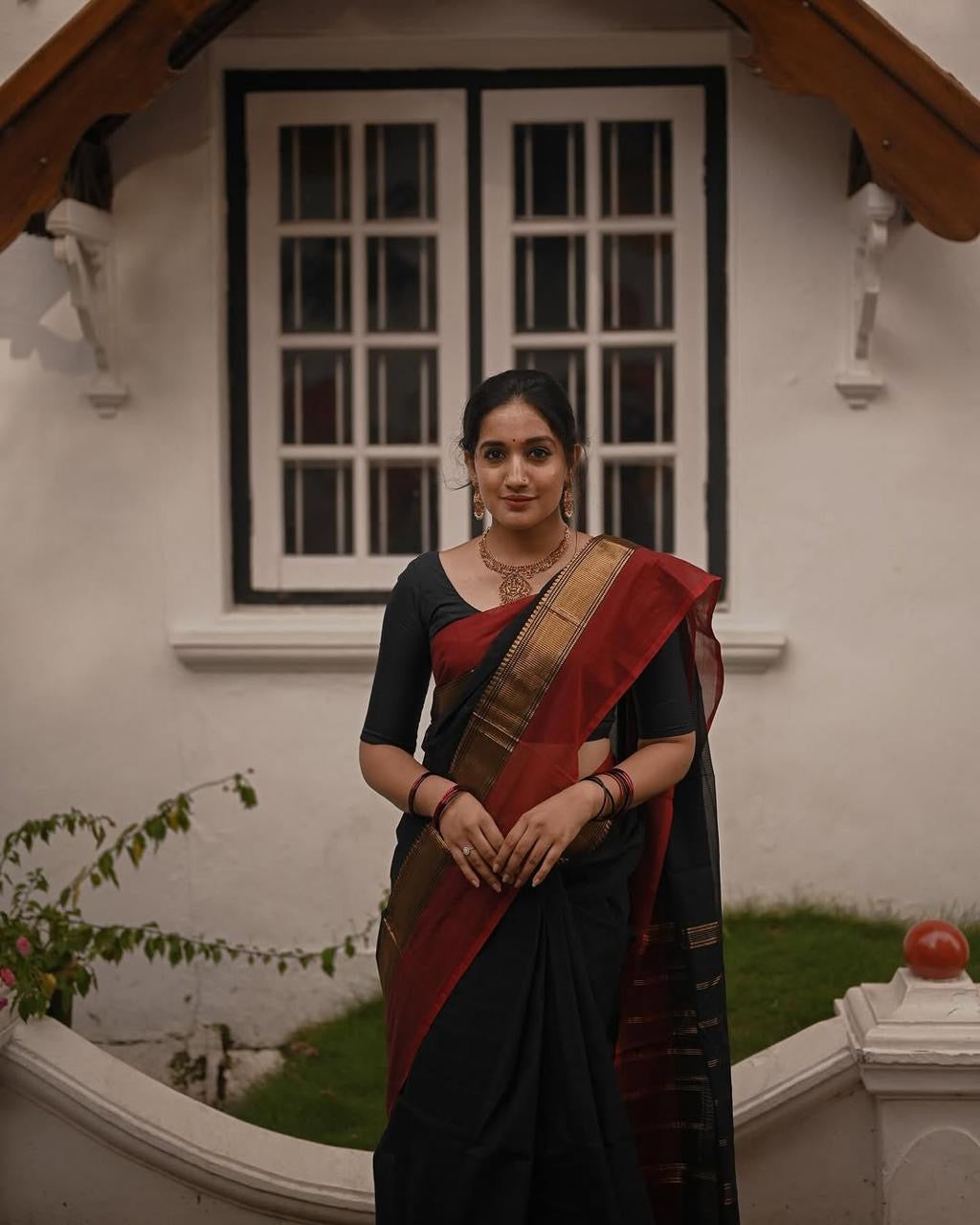 Sangita Vintage pattern Chettinad cotton saree black and maroon