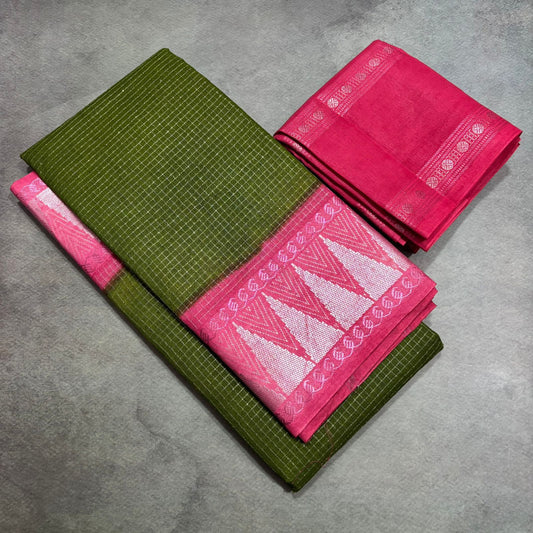 Gopuram border micro check sungudi cotton saree green with pink border