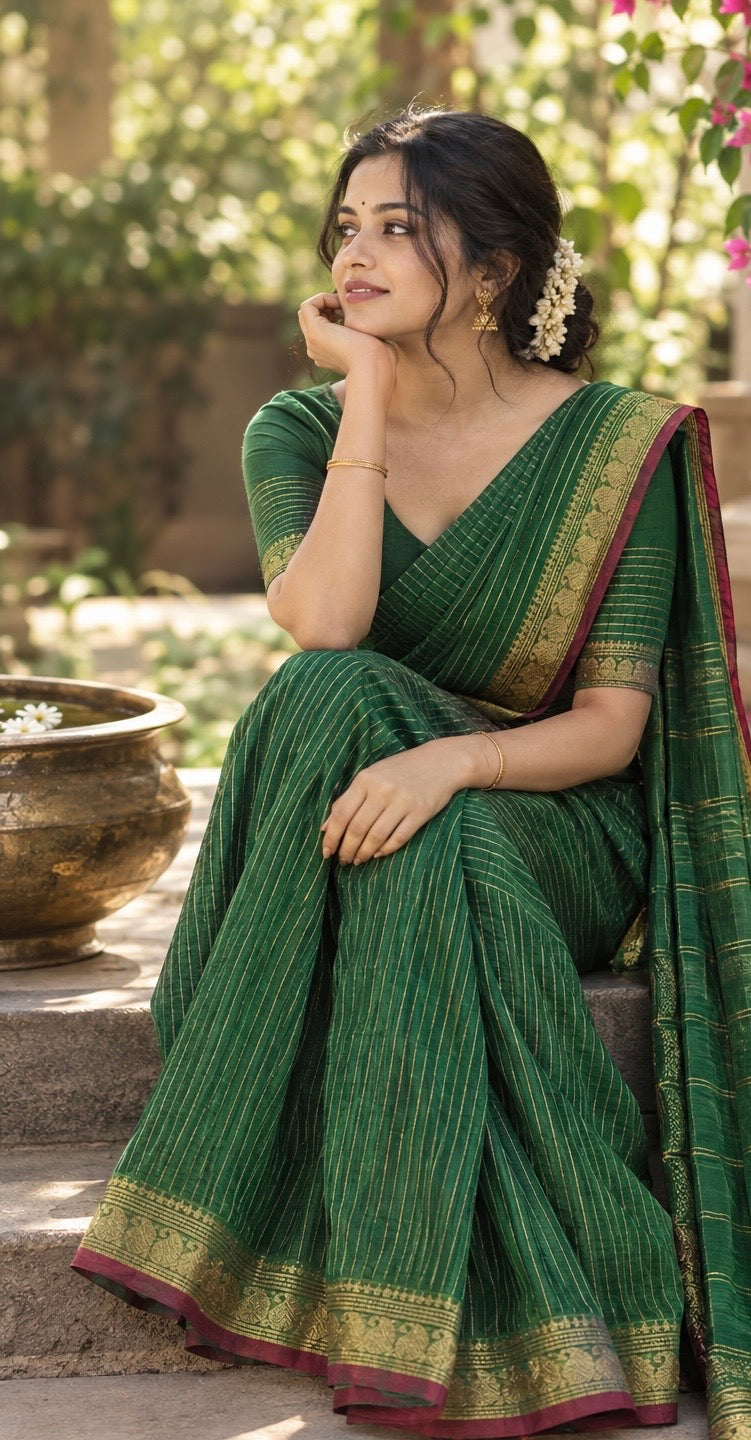 Sangita Chettinad Kanchi striped border Green Saree SGS22