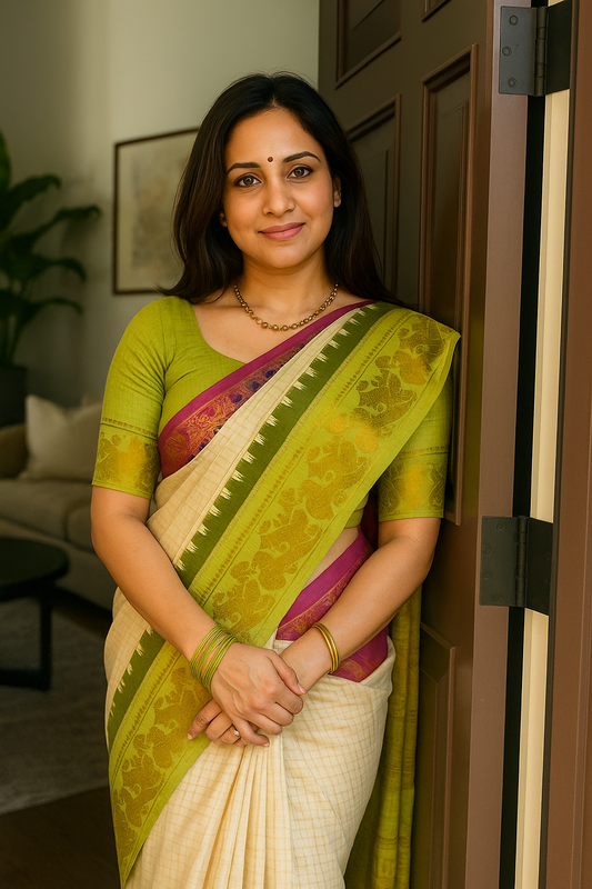 Tarangini Ganga Jamuna zari checks saree off white body colour