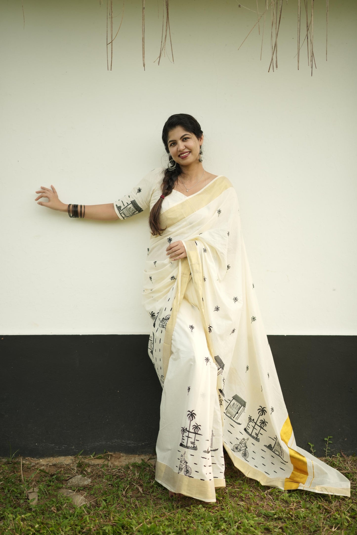 Kerala Village theme Design Kasavu Saree