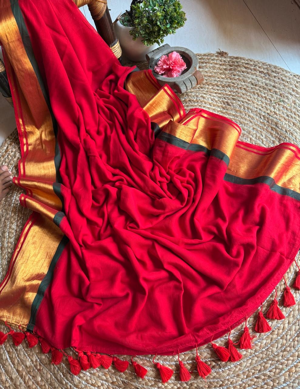 Festive red with green border handloom mal saree