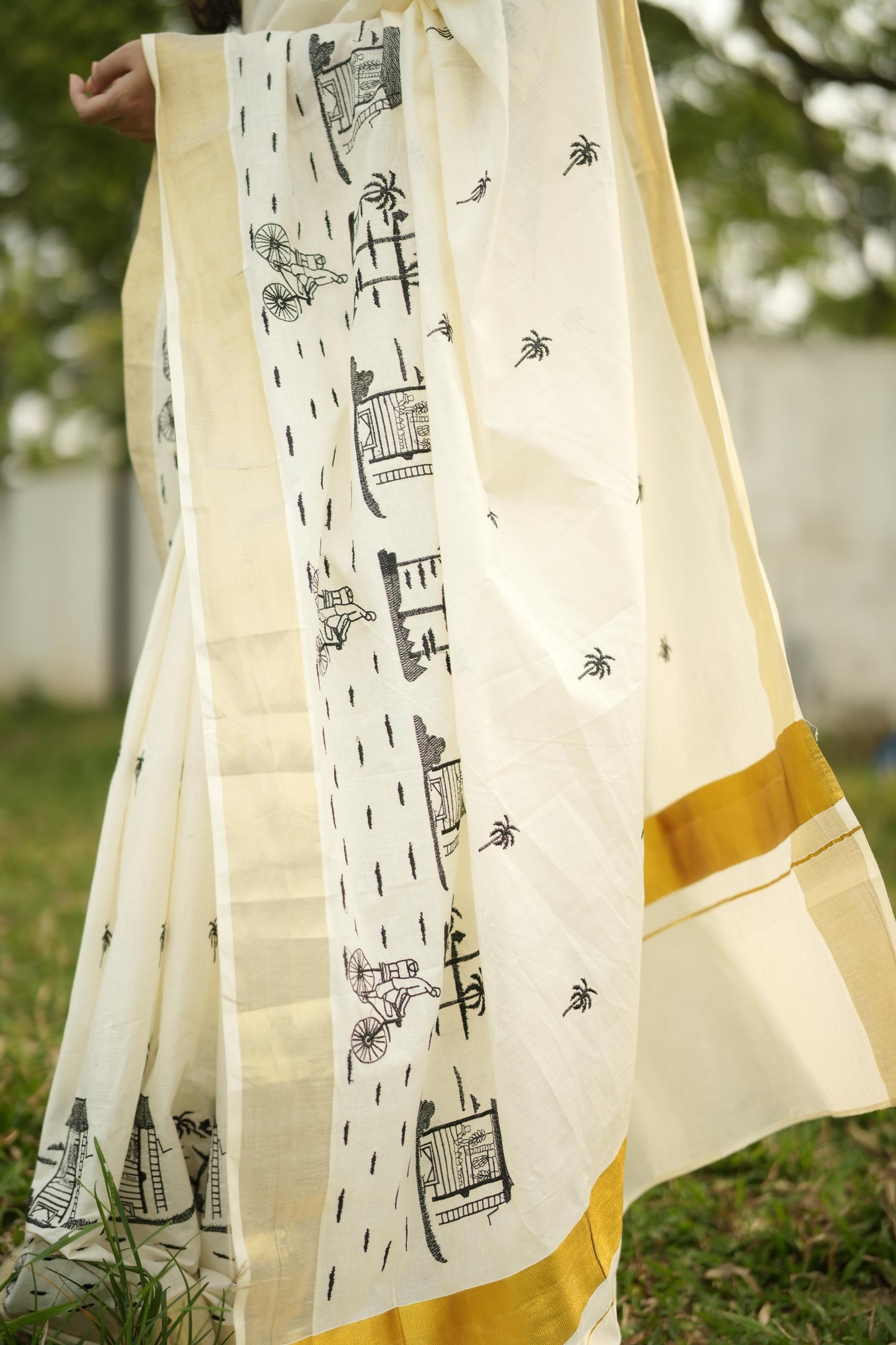 Kerala Village theme Design Kasavu Saree