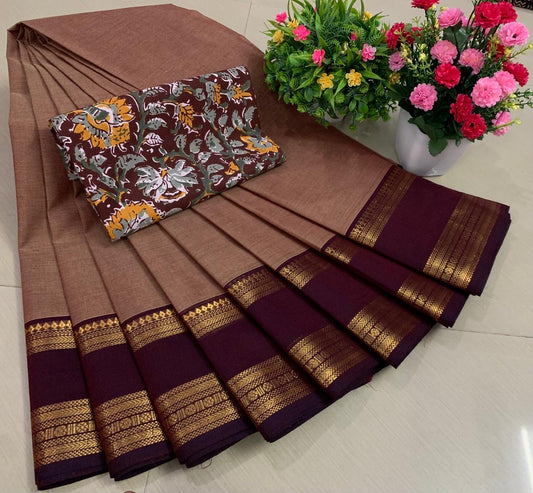 Sangita Pure cotton Chettinad Cotton sarees with Kalamkari blouse, beige and maroon