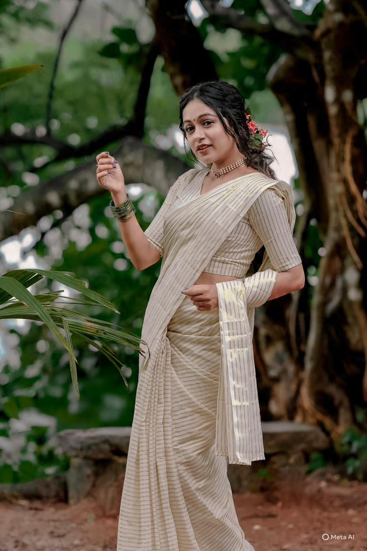 Micro Stripes Kasavu Saree with Blouse