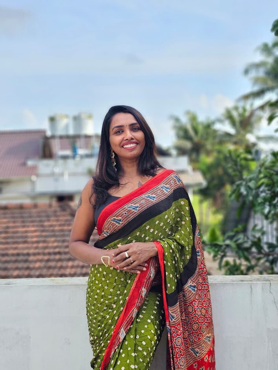 Modal silk Ajrakh block printed Hand Bhandej Sarees Green
