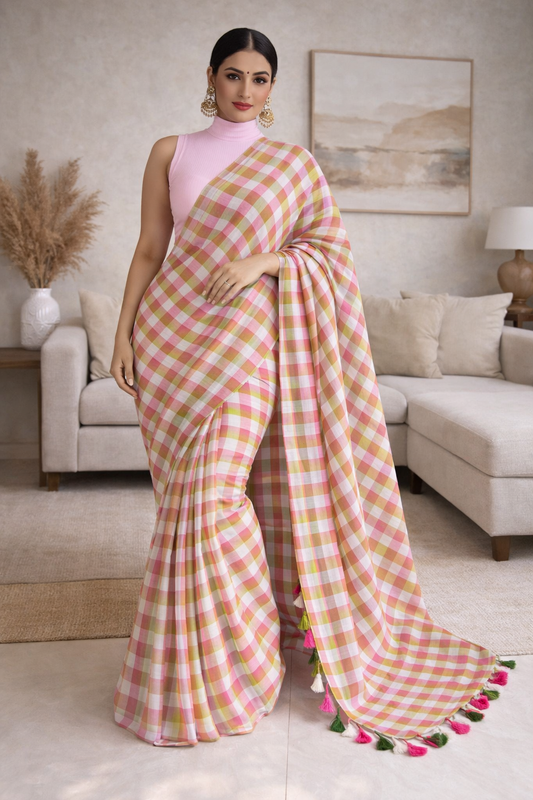 Office wear 120 count multi colour check soft cotton saree
