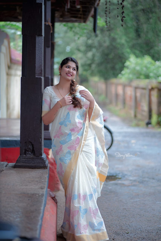 Sarvani Premium Cotton Butterfly theme Handblock printed Kerala Set Saree with golden Kara