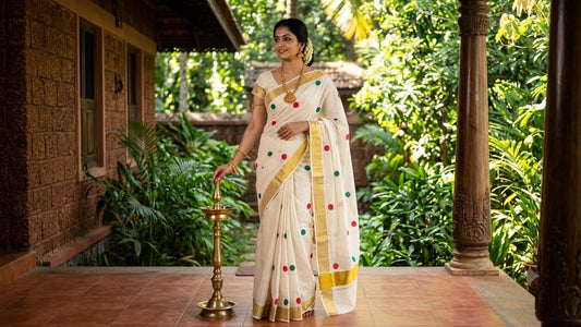 Multi colour polka dot Kerala kasavu Saree